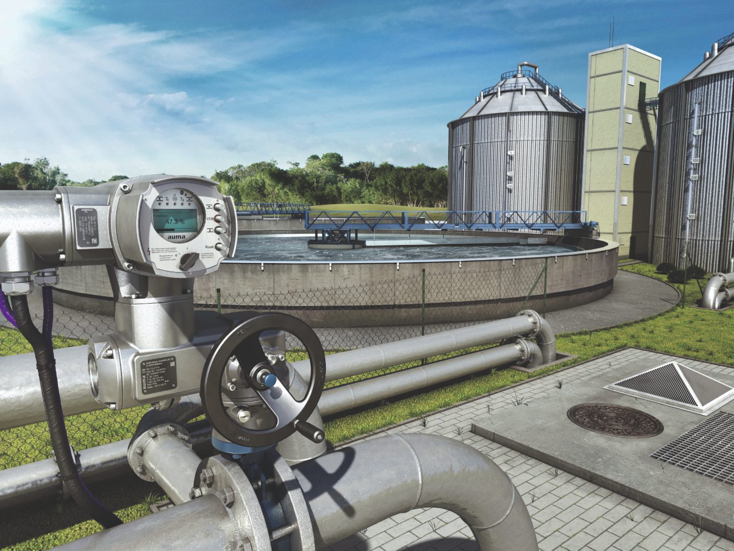 AUMA electric actuator with position display and local controls at a wastewater treatment plant