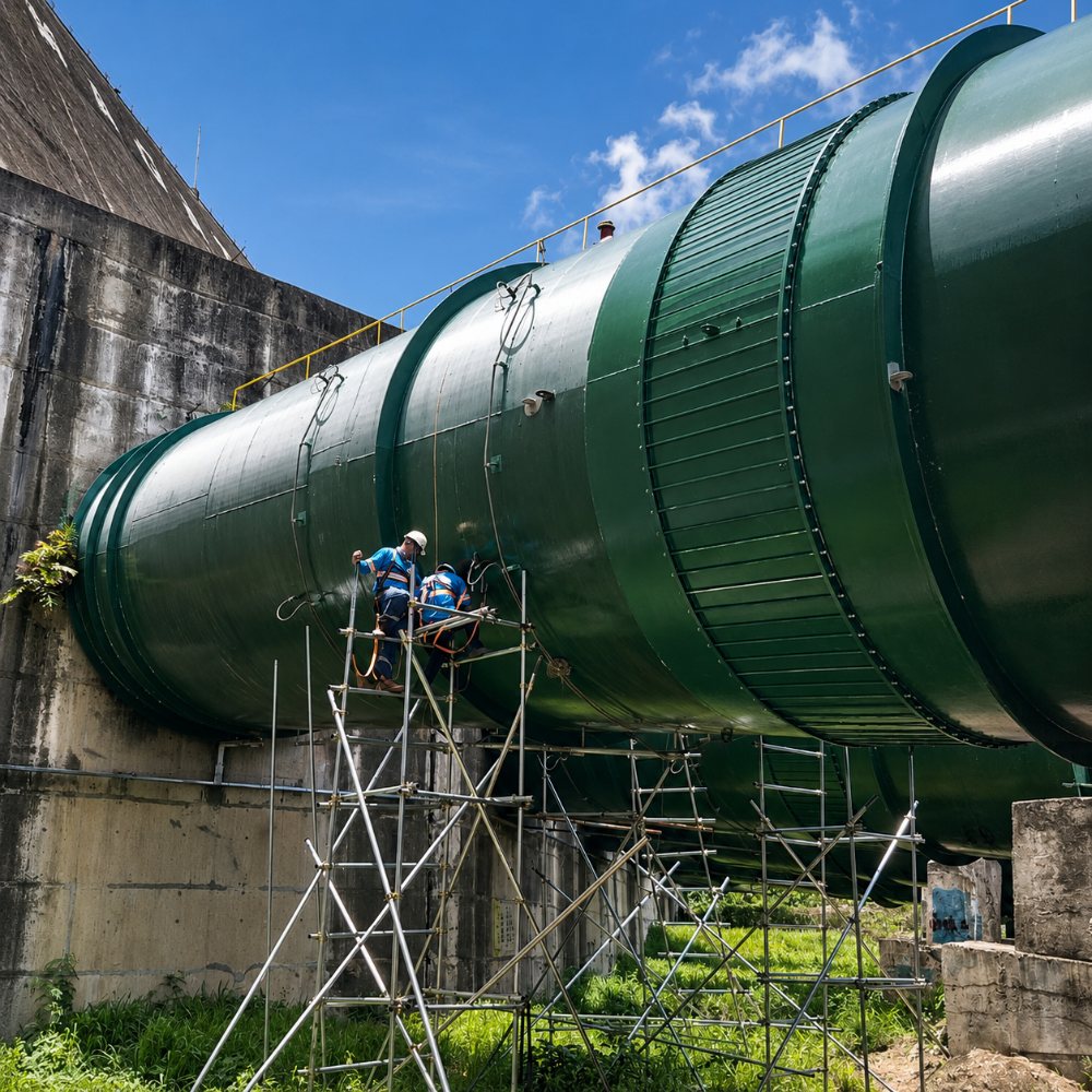 Engineers inspecting a large-diameter penstock pipeline on site