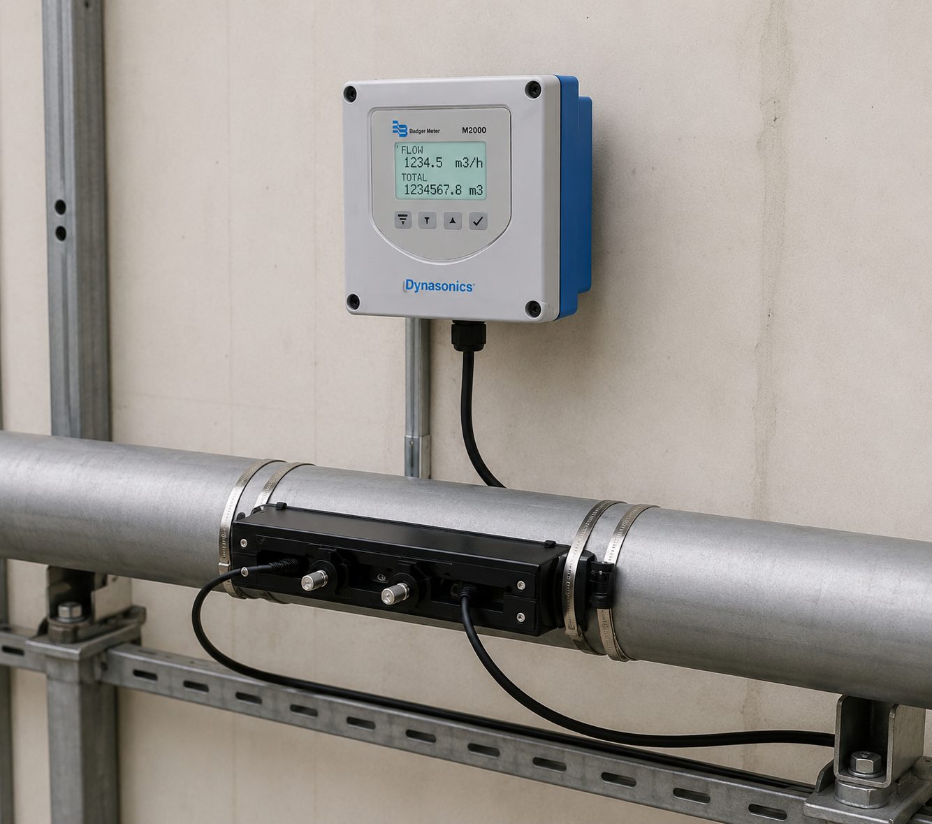 Clamp-on ultrasonic flowmeter transducers strapped to an existing pipe with a Dynasonics M2000 transmitter