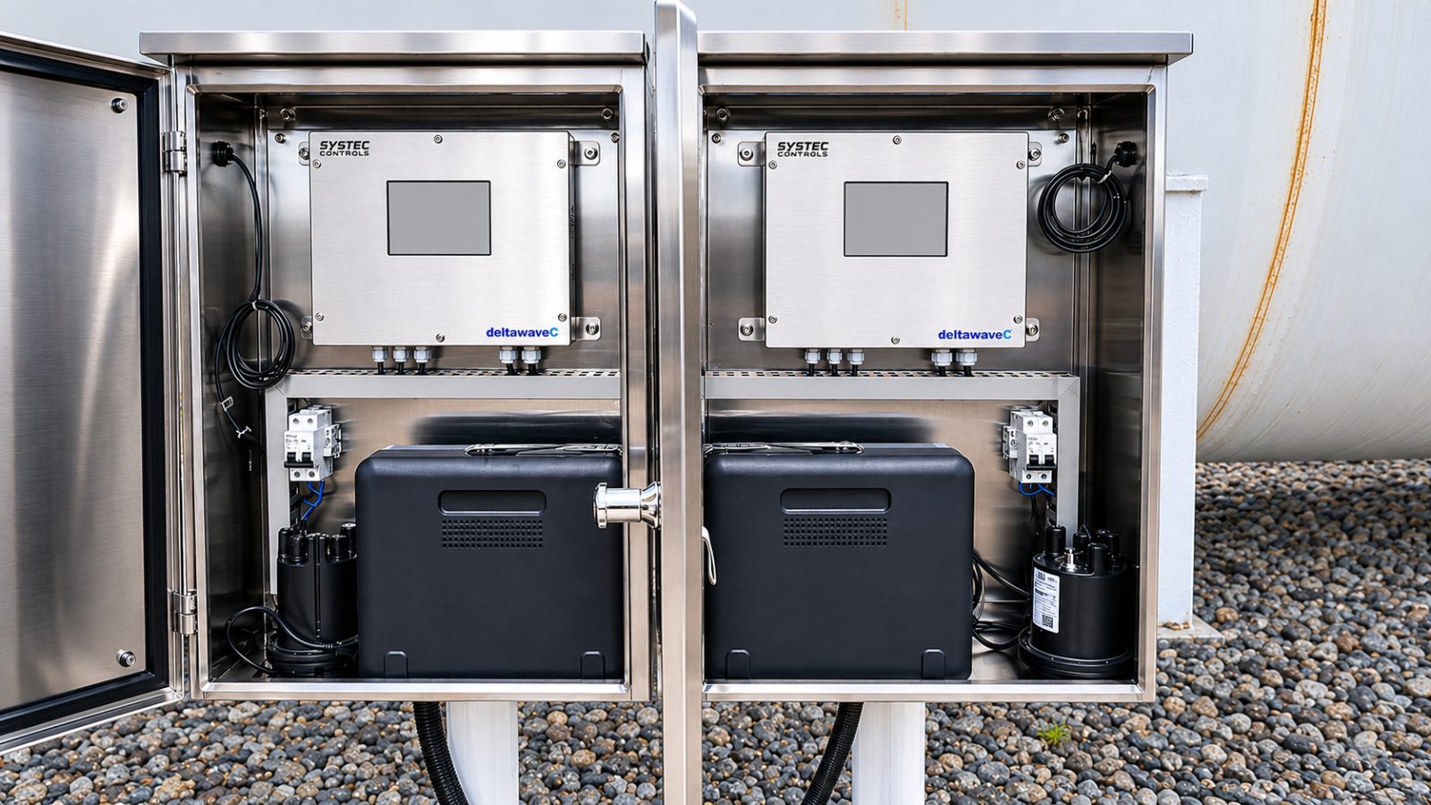 Stainless-steel instrumentation cabinets housing flow transmitters and data loggers