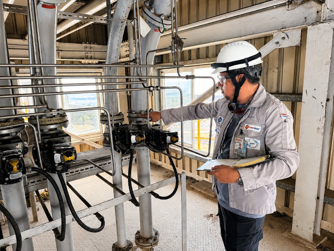 Flowtork engineer inspecting actuated process valves on a plant skid