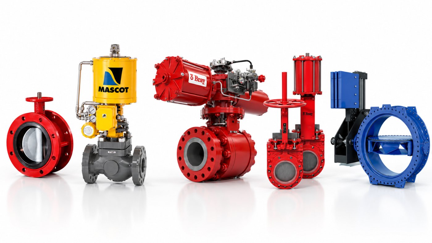 Lineup of industrial valve types — Mascot control, Bray ball, knife gate and butterfly valves