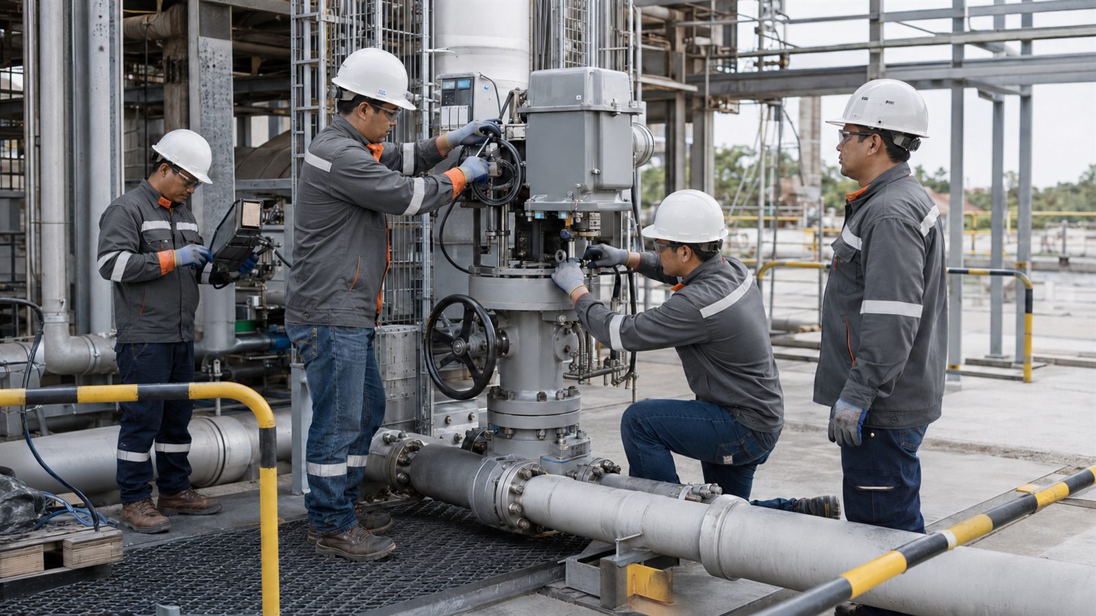 Flowtork crew executing valve-actuator work on site in full PPE